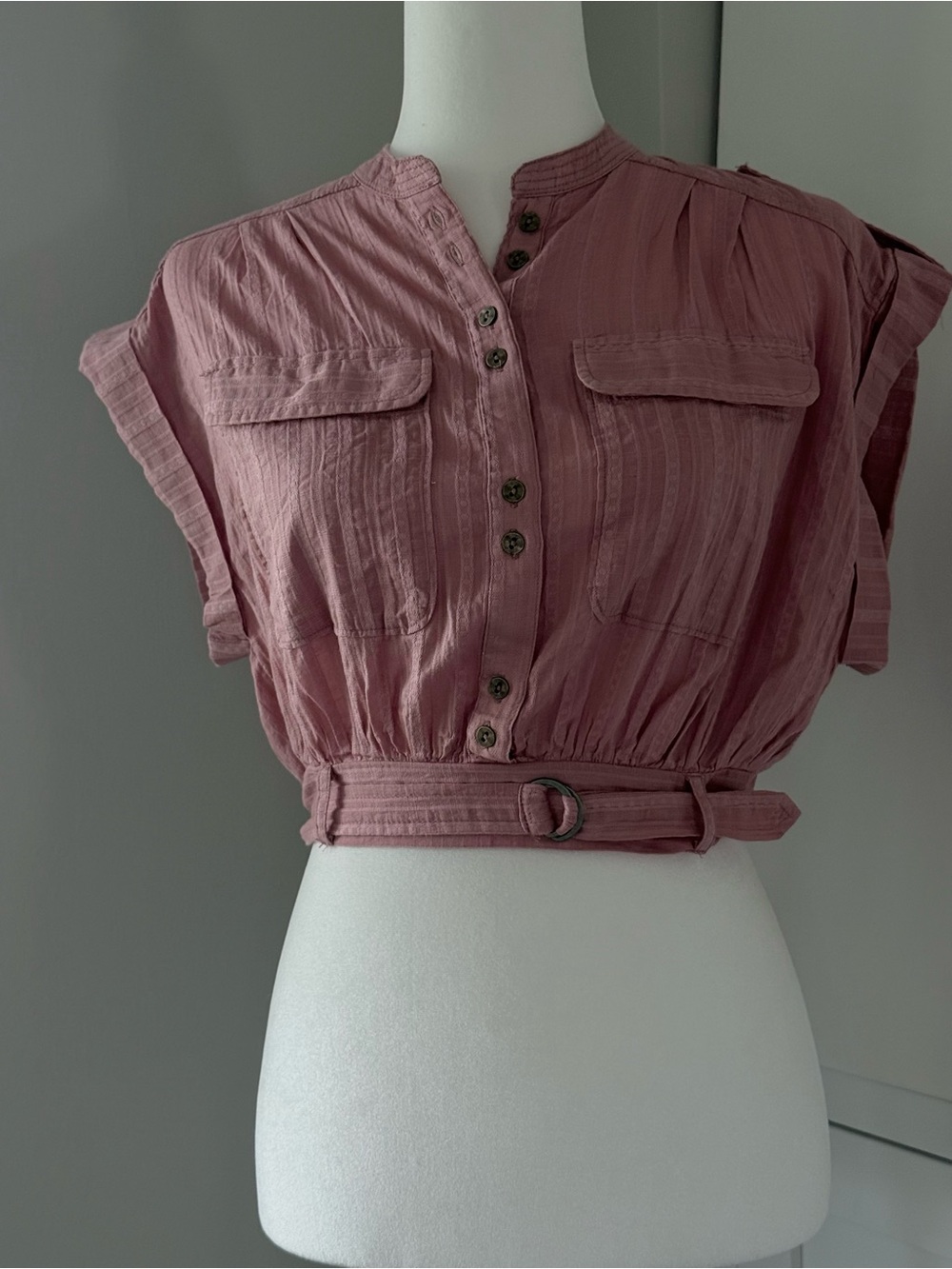 Anthropologie Mauve Button-Front Crop Top with Belt